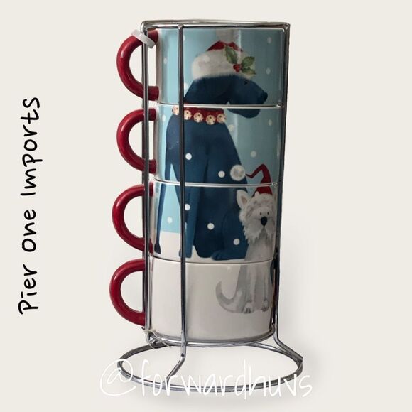 Pier One Imports Christmas Dog Stackable Tea / Coffee Mugs and Rack - Picture 1 of 7